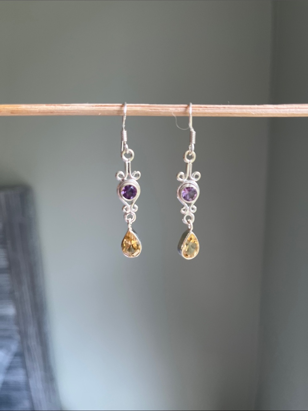 Sterling Silver Amethyst and Citrine Drop Earrings - Purple and Yellow - Picture 3 of 5